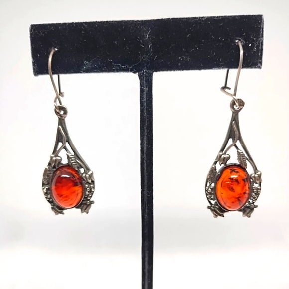 Vintage Jewelry - Baltic Amber Pewter Vintage Earrings
